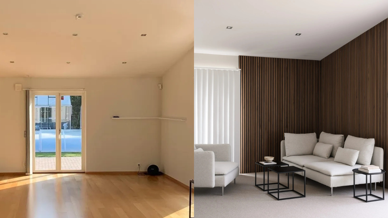 Scène divisée : la partie gauche montre une pièce vide avec des planchers en bois et des portes en verre ; la partie droite montre un salon avec des canapés et des cloisons acoustiques en Akupanel.